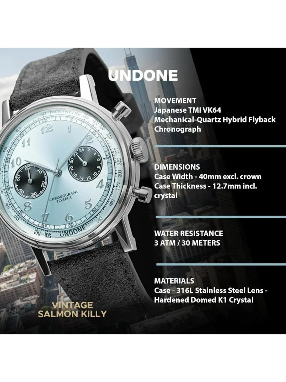 Undone Urban Collection Chronograph Mens Blue Dial Black Leather Strap Analog Wa